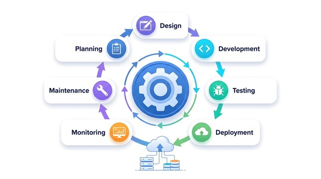 Software Development Lifecycle Infographic with Cloud Computing and DevOps Process Cycle