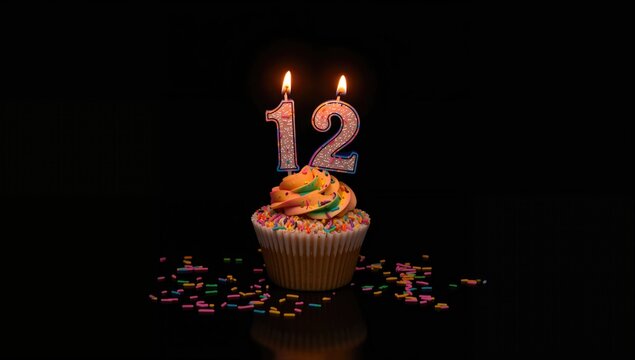 Birthday Cupcake with Colorful Frosting and Number Twelve Candles in Dark Background