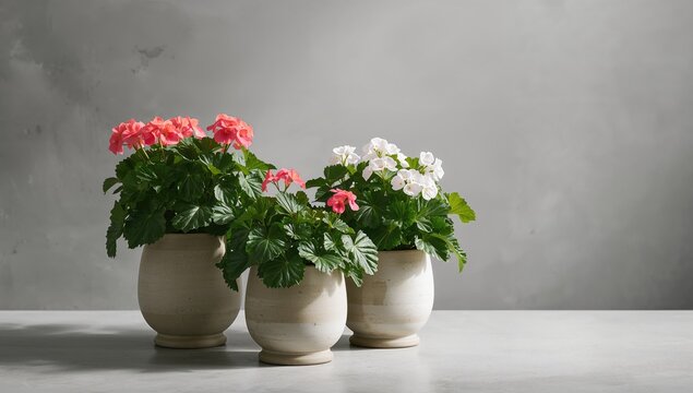 Potted Geranium Plants in Neutral Tones on a Simple Table with Soft Lighting