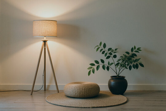 Wide shot of minimalist living room corner featuring floor lamp, woven pouf, plant, and copy space. Supporting home decor branding, interior retail marketing, or lifestyle blog design