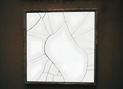Broken glass window with cracked panes and shattered fragments.