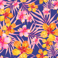 Seamless Hawaiian print with hibiscus flowers and palm leaves on blue background  © AineGing