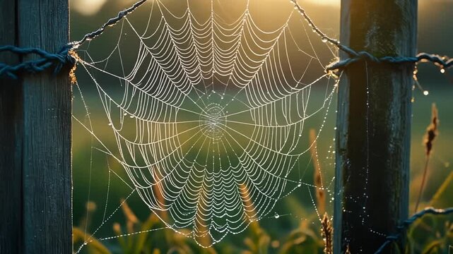Dew-kissed intricate spiderweb glistens with morning sunlight, intricately spun between wooden fence posts, showcasing nature's delicate artistry in a rural countryside setting