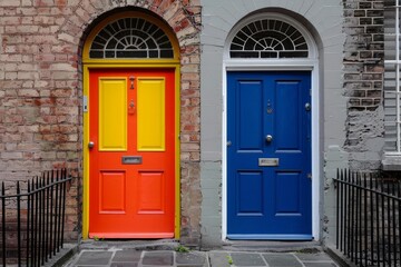 Fototapeta premium Two vibrant doors on a georgian brick building facade, creating a sharp contrast