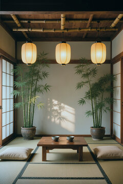 Vertical shot of Japanese style tea room featuring low table, floor cushions, bamboo plants, paper lanterns, conveying hospitality and wellness. Ideal for spa, travel, interior branding
