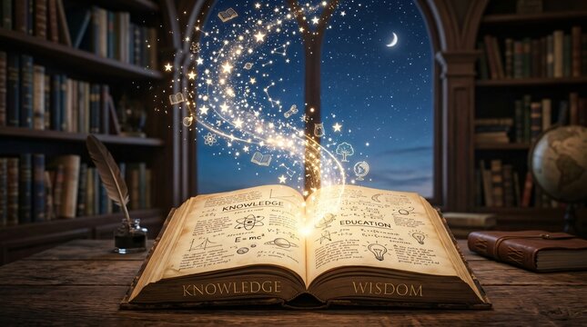Open magical book with glowing stars and sparkles rising from its pages inside a cozy library, symbolizing knowledge, imagination, education, storytelling, and the magic of learning.