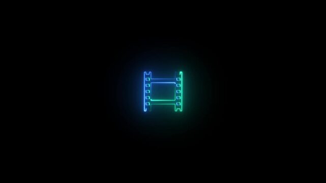 Neon glowing film strip frame video animation. Neon lighting film frame animation on black background.