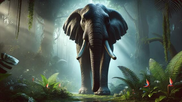 Video of majestic tusked elephant standing in a misty jungle with detailed skin and expressive eyes