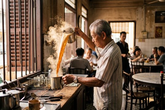 Malaysian kopitiam worker pouring hot teh tarik
