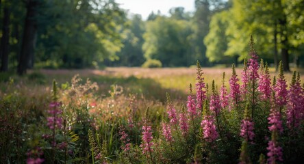 Obraz premium Wildflowers Blooming in a Meadow Surrounded by Trees in Soft Morning Light