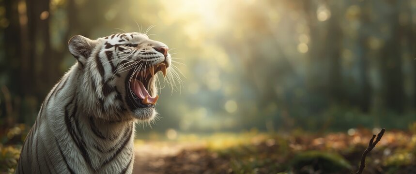 White Tiger Roaring in Sunlit Forest with Soft Background Blur
