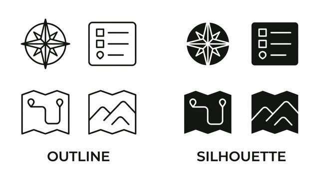 Navigation Icons Set: A collection of vector icons representing navigation tools including a compass rose, checklist, map, and mountains, presented in both outline and silhouette styles.