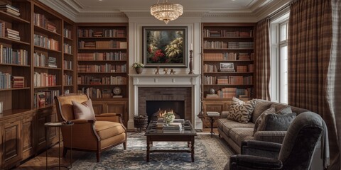Fototapeta premium Cozy Living Room with Bookshelves and Elegant Lighting in Warm Tones