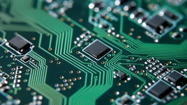 Intricate green circuit board pathways weave across the electronic components, showcasing the complex technological architecture essential for advanced computing and digital innovation