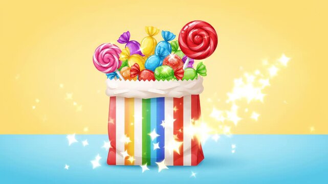Colorful candy bag with lollipops and wrapped sweets