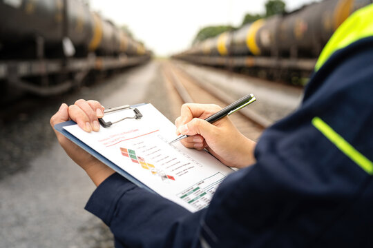 A safety officer is checking on hazardous chemical material checklist for risk assessment before tranportation the dangerous good with train tanker railway background. Industrail working scene.