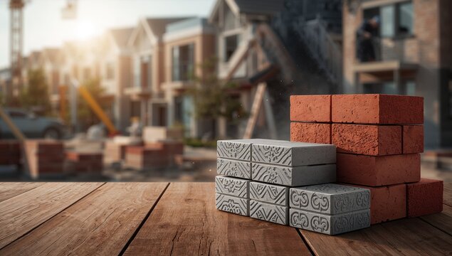 Construction Bricks Stacked on Wooden Table at Housing Development Site with Sunlight
