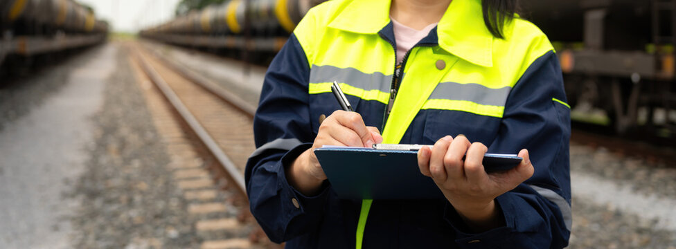 A safety officer is checking on hazardous chemical material checklist for risk assessment before tranportation the dangerous good with train tanker railway background. Industrail working scene.