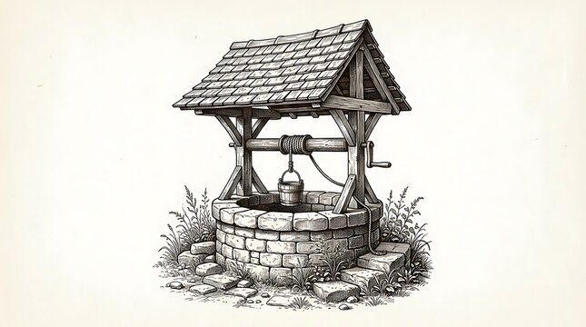Vintage Woodcut Illustration of a Traditional Wishing Well