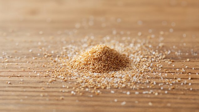 Piled Golden Sand or Sugar Granules on a Wooden Surface