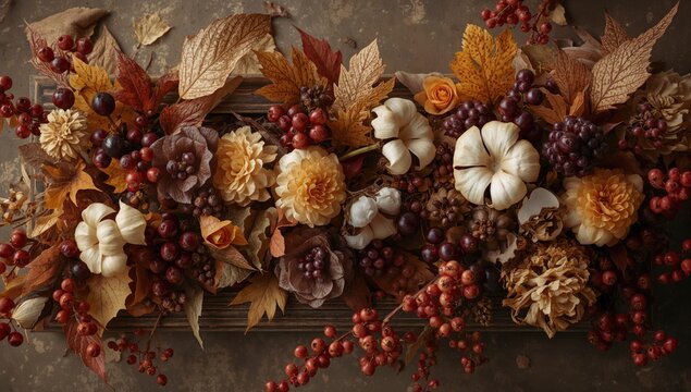 Autumn Floral Arrangement with Pumpkins and Berries on a Rustic Background