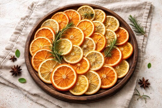 Dried Citrus Slices Arranged on a Wooden Plate with Greenery and Spices