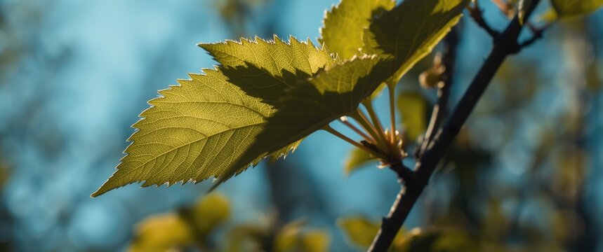 Closeup of Green Leaves Against a Blue Background with Soft Light