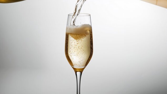 Sparkling Wine Being Poured into a Flute Glass with Bubbles and Reflections