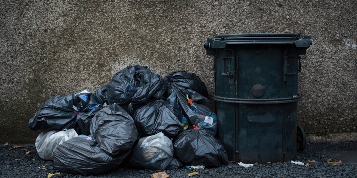 Pile of Black Garbage Bags Next to a Green Trash Can Against a Concrete Wall