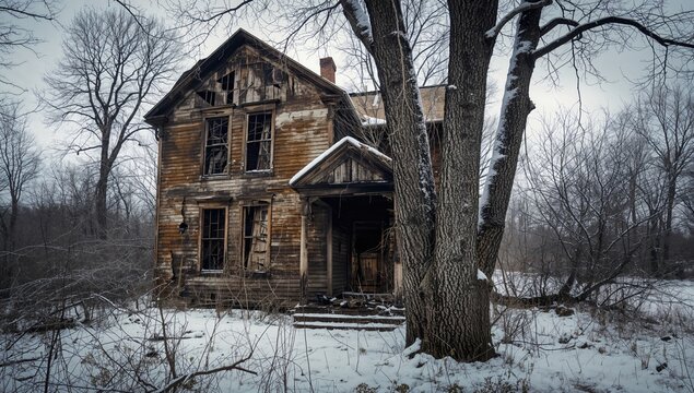 Abandoned Wooden House Surrounded by Snowy Landscape in Cold Winter Scene