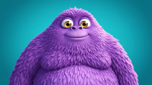 Purple fuzzy creature smiling against turquoise background