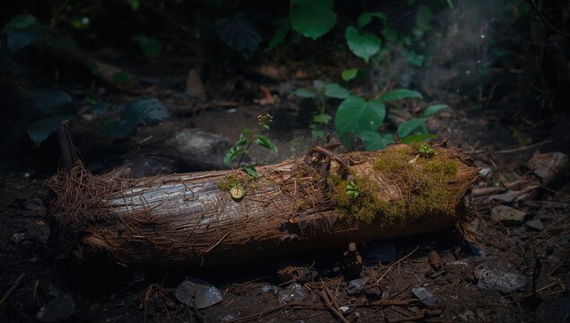 Moss Covered Log with Small Plants in a Forest Setting