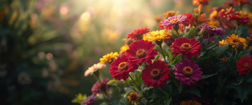Vibrant Flower Bed in Soft Morning Light with Lush Green Background
