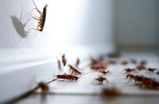 German cockroaches infesting a kitchen counter and climbing the wall near a white baseboard