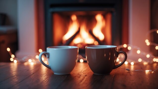 Cups of Coffee on a Wooden Table in Front of a Cozy Fireplace with Fairy Lights