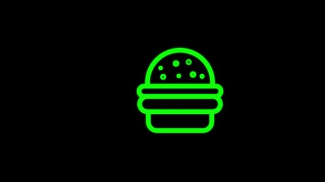  Minimal white burger and fast food icon with horizontal speed lines on black background, representing quick delivery, restaurant, takeaway, meal, and food service design concept.
