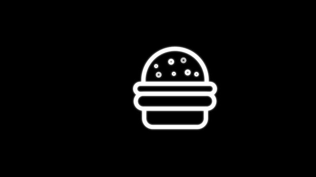  Minimal white burger and fast food icon with horizontal speed lines on black background, representing quick delivery, restaurant, takeaway, meal, and food service design concept.
