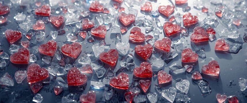 Red Heart Shaped Candies Surrounded by Shattered Ice on a Reflective Surface