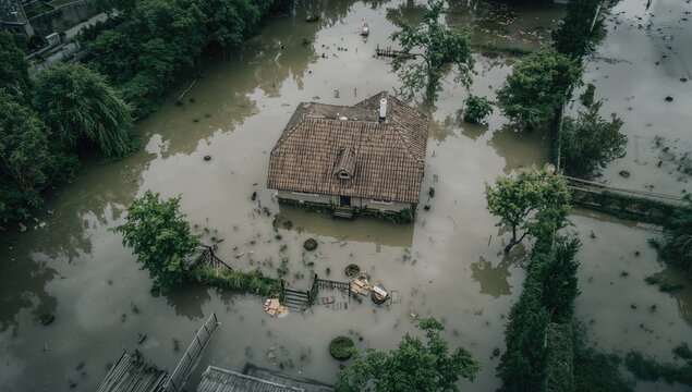 Flooded House Surrounded by Water - Aerial View, Overcast Mood, Nature Reclaiming Space