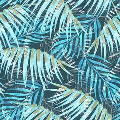 Palm tree foliage on blue background. Seamless tropical pattern. Watercolor jungle print. Rainforest illustration © AineGing