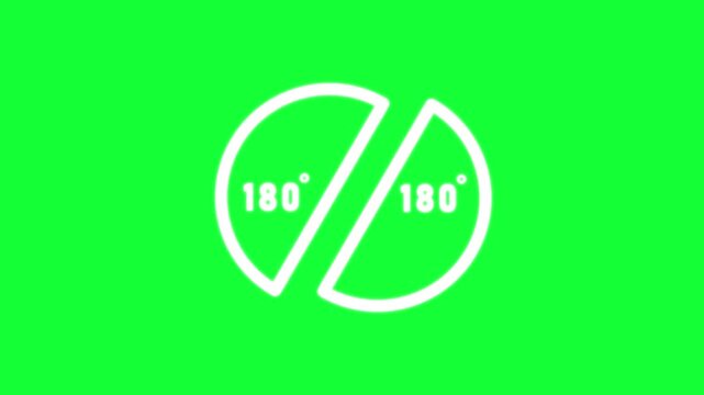 180 degree rotation symbol with split circular design, white outline icon representing half turn, angle transformation, geometry, orientation, and directional change concept on dark background