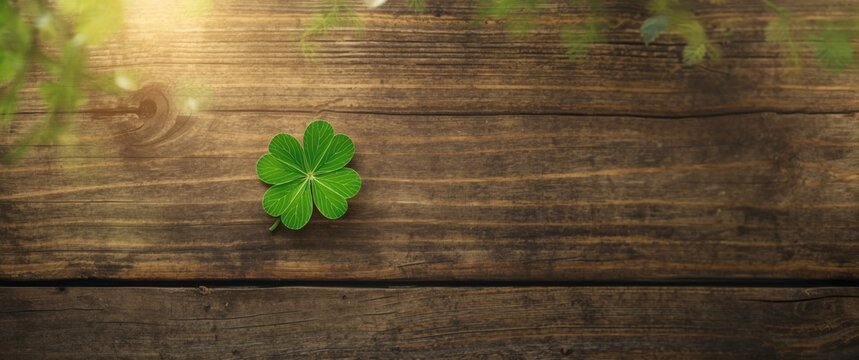 Four Leaf Clover on Wooden Table Surrounded by Nature Light
