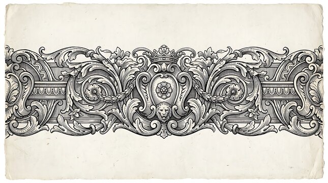 Vintage Ornate Baroque Border with Lion and Crown Engraving