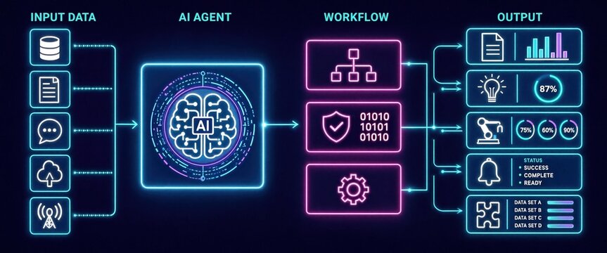 AI Agent Workflow Diagram Showing Input Data, Intelligent Processing, Automated Decision Making, Security Validation, and Business Output in a Modern Artificial Intelligence System, 3d rendering