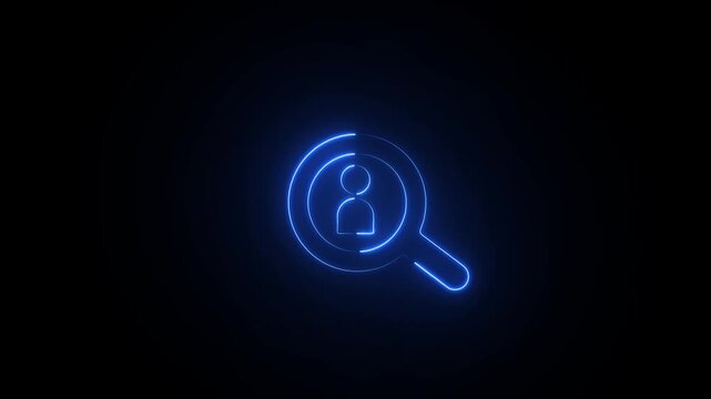 Neon blue magnifying glass with user profile icon, representing people search, customer discovery, identity lookup, online search, recruitment, networking, and digital user management.