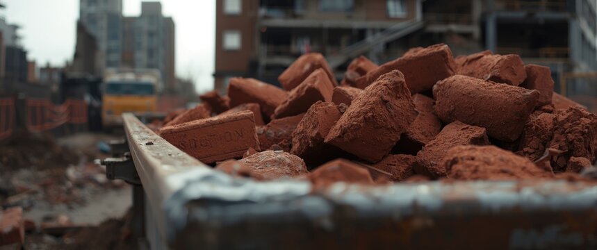 Red Bricks Piled in a Dump Truck on a Construction Site in Overcast Weather