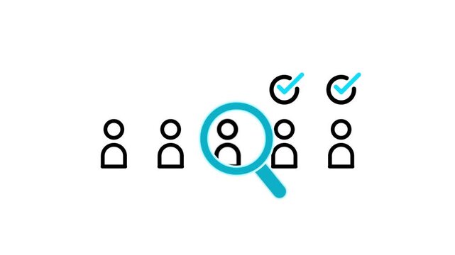 User verification concept with selected person profile, check mark icons, and magnifying glass representing identity screening, recruitment, authentication, approval, and candidate selection process.