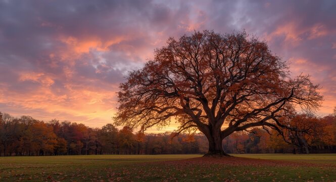 Majestic Oak Tree Silhouetted Against a Colorful Sunset in Autumn Landscape