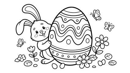 Naklejka premium Cute easter bunny coloring page featuring a happy rabbit holding a large decorated egg with flowers and butterflies