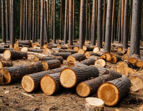Logs of freshly cut timber scattered on the forest floor surrounded by tall pine trees under a clear blue sky in a natural woodland setting